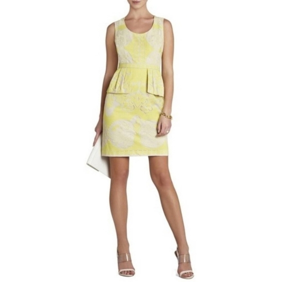 BCBGMaxAzria Etna Lace Peplum Sheath Dress Size 6 Neon Yellow Sleeveless Mini - Picture 1 of 11